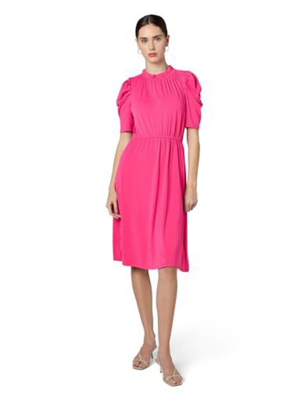 Adrianna Papell Diffusion Solid Knit Ruffle Neck Pleated Sleeve Midi Dress NWT